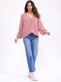 WOMEN'S LONG SLEEVE BUTTON UP V-NECK MULTI SWEATER