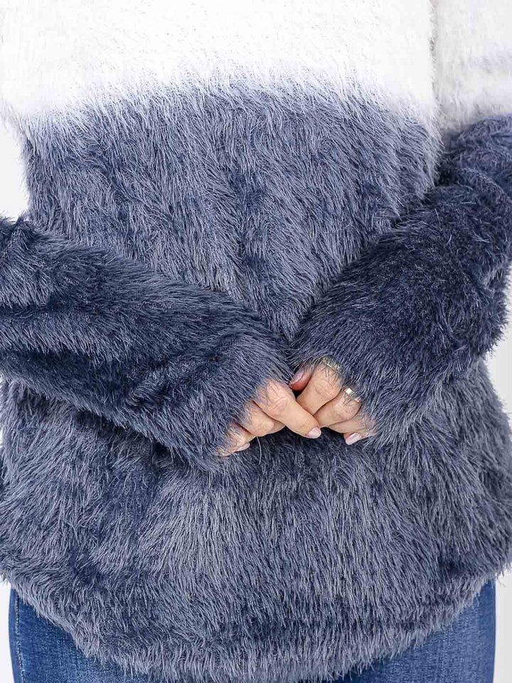 WOMEN'S LONG SLEEVE COLORBLOCK PULLOVER FUZZY SWEATER