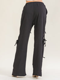 WOMEN'S ELASTIC WAIST SELF TIE FRONT POCKETS CUTOUT DETAIL WIDE LEG PANTS