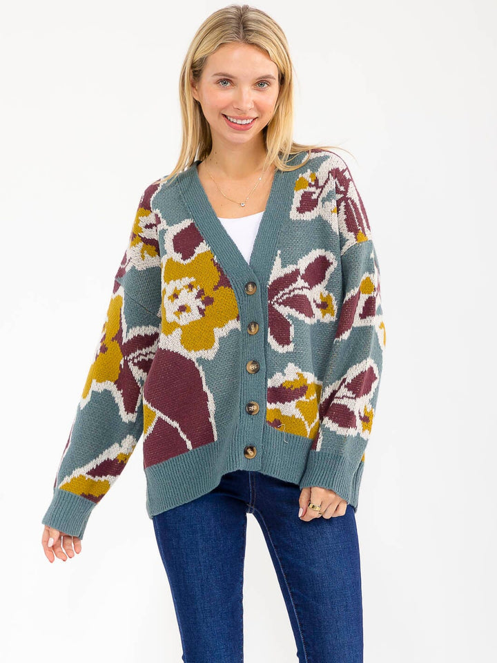 WOMEN'S LONG SLEEVE BUTTON CLOSURE MULTI PRINT CARDIGAN
