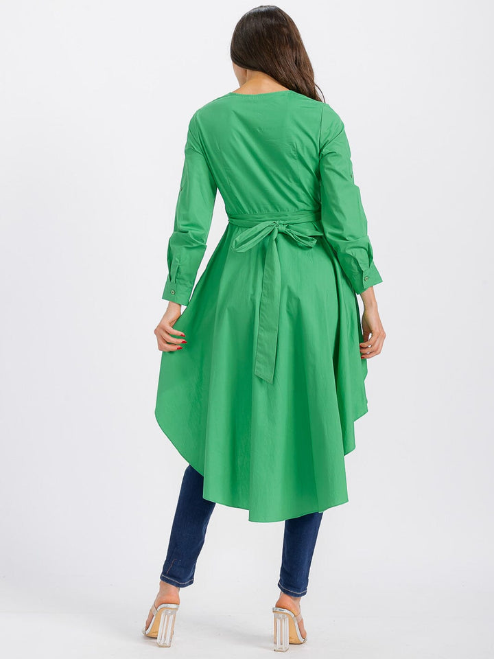 WOMEN'S LONG SLEEVE V-NECK LOW-HIGH RUFFLE TOP