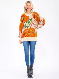 WOMEN'S LONG SLEEVE LEAF PRINT SEQUINS PULLOVER KNIT SWEATER