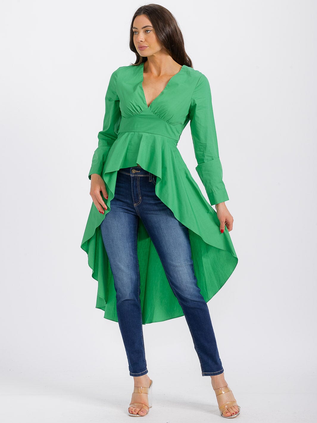 WOMEN'S LONG SLEEVE V-NECK LOW-HIGH RUFFLE TOP