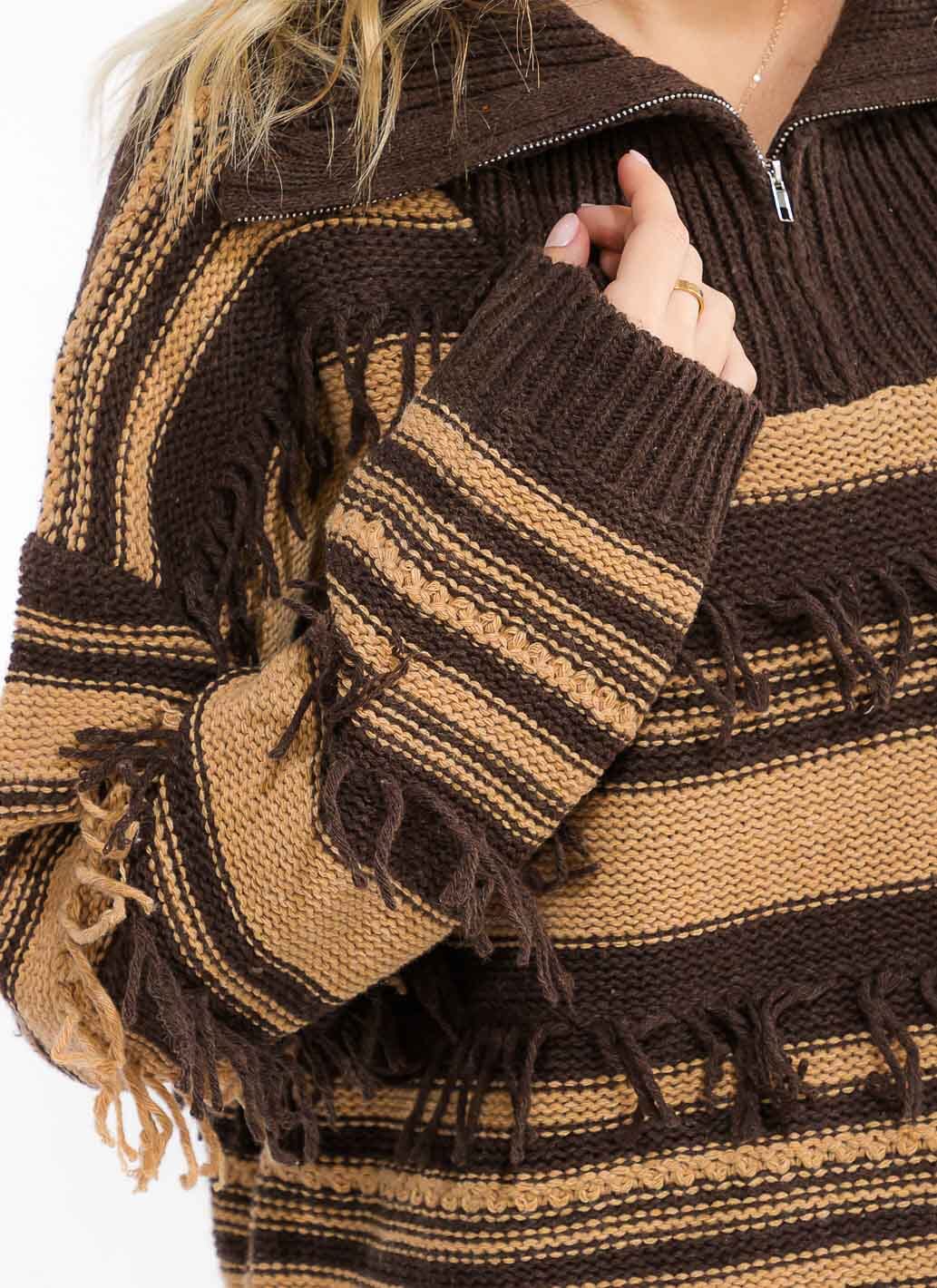 WOMEN'S LONG SLEEVE ZIP UP COLORBLOCK FRINGE DETAILED SWEATER