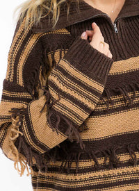 WOMEN'S LONG SLEEVE ZIP UP COLORBLOCK FRINGE DETAILED SWEATER