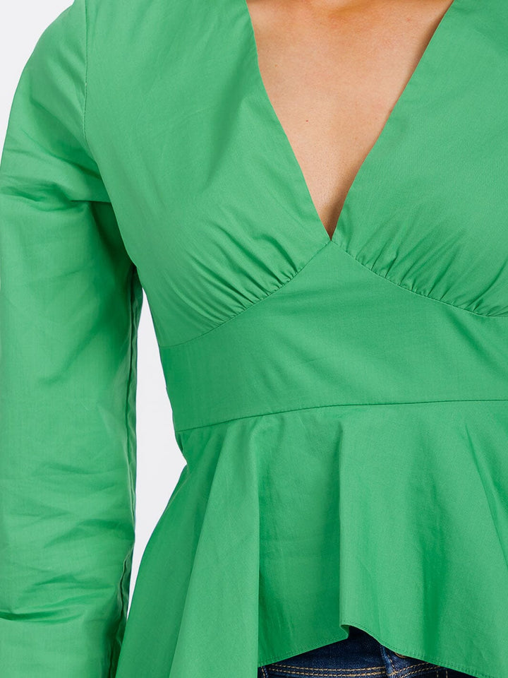 WOMEN'S LONG SLEEVE V-NECK LOW-HIGH RUFFLE TOP