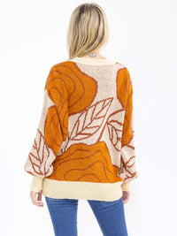 WOMEN'S LONG SLEEVE LEAF PRINT SEQUINS PULLOVER KNIT SWEATER