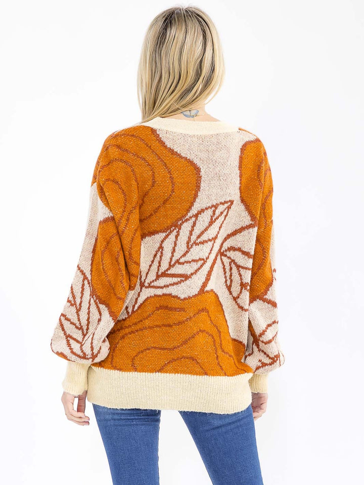 WOMEN'S LONG SLEEVE LEAF PRINT SEQUINS PULLOVER KNIT SWEATER