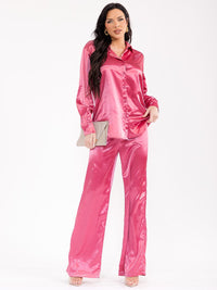 WOMEN'S LONG SLEEVE BLOUSE & ELASTIC WAIST PANTS SATIN 2PC. SET
