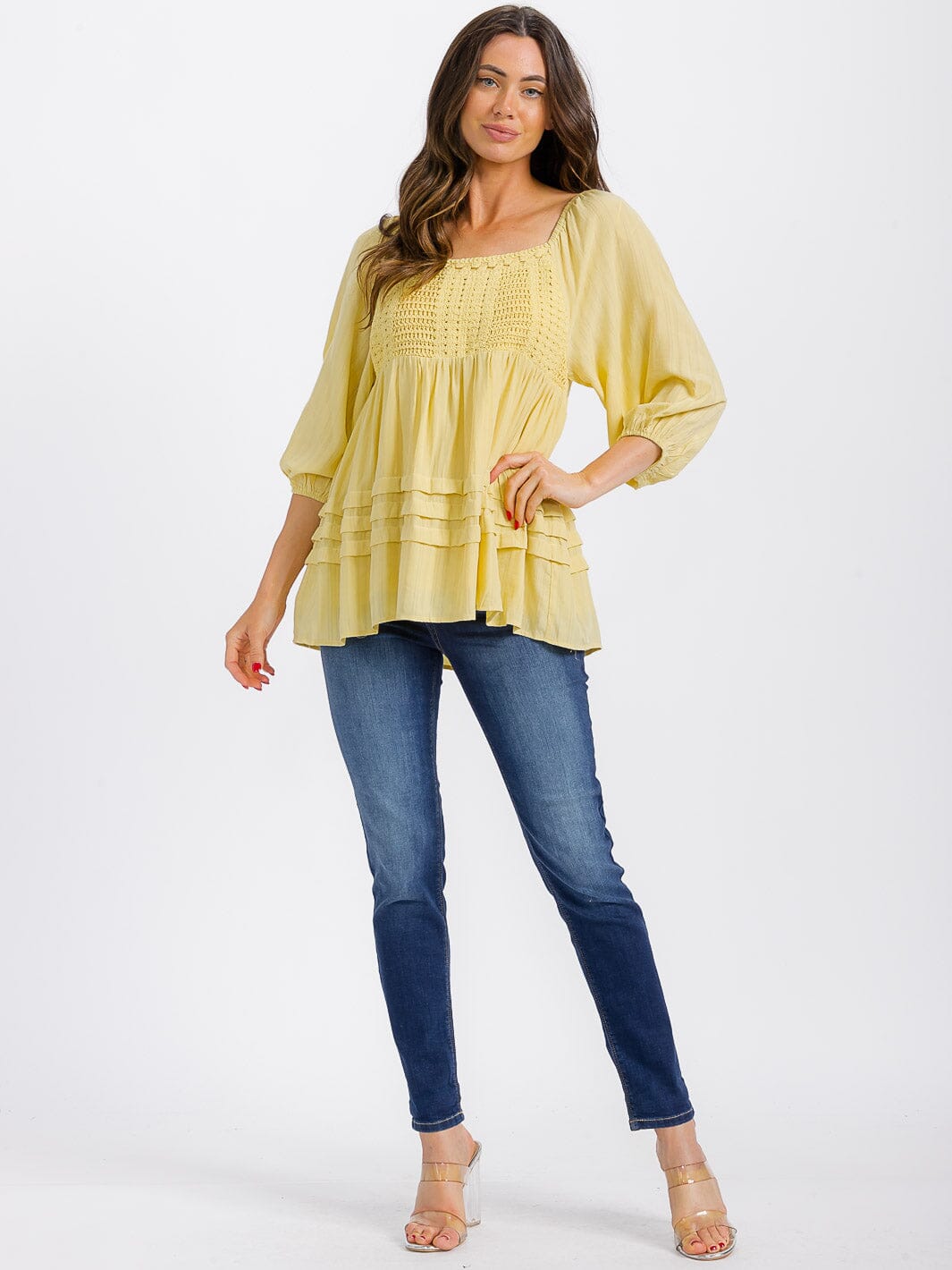 WOMEN'S 3/4 SLEEVE SMOCK CROCHET DETAILED TUNIC BLOUSE
