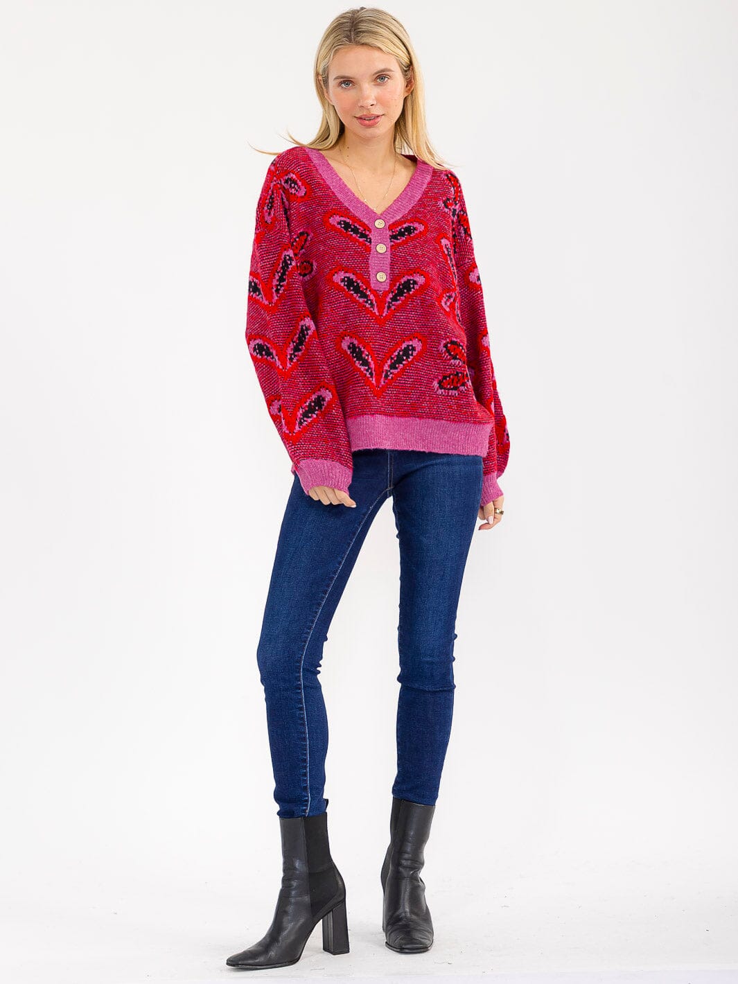 WOMEN'S LONG SLEEVE V-NECK BUTTON UP PULLOVER PRINT KNIT SWEATER