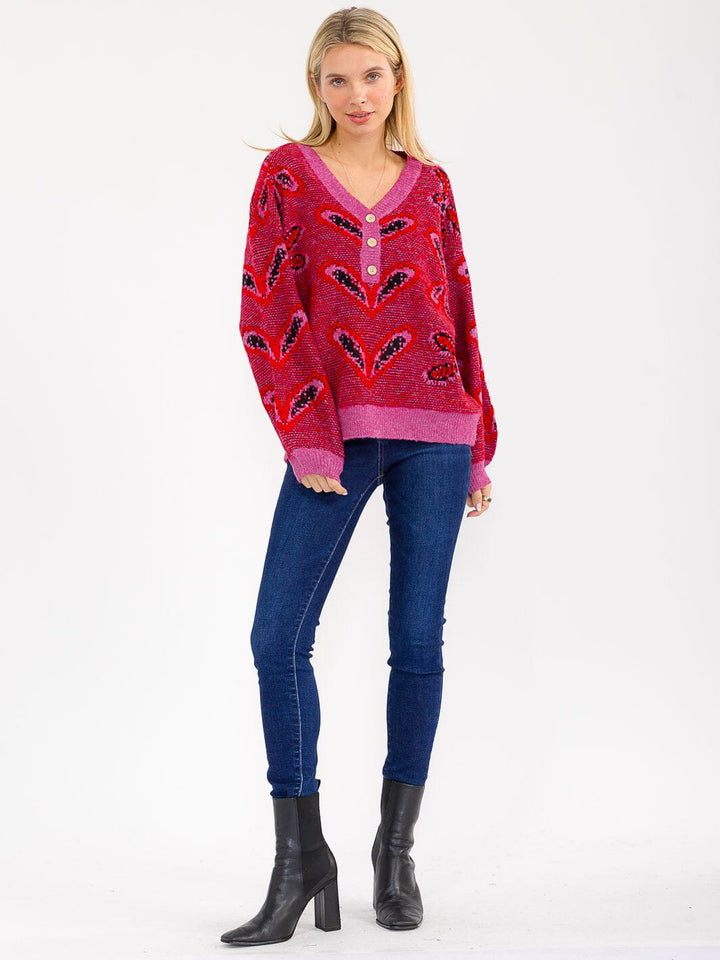 WOMEN'S LONG SLEEVE V-NECK BUTTON UP PULLOVER PRINT KNIT SWEATER