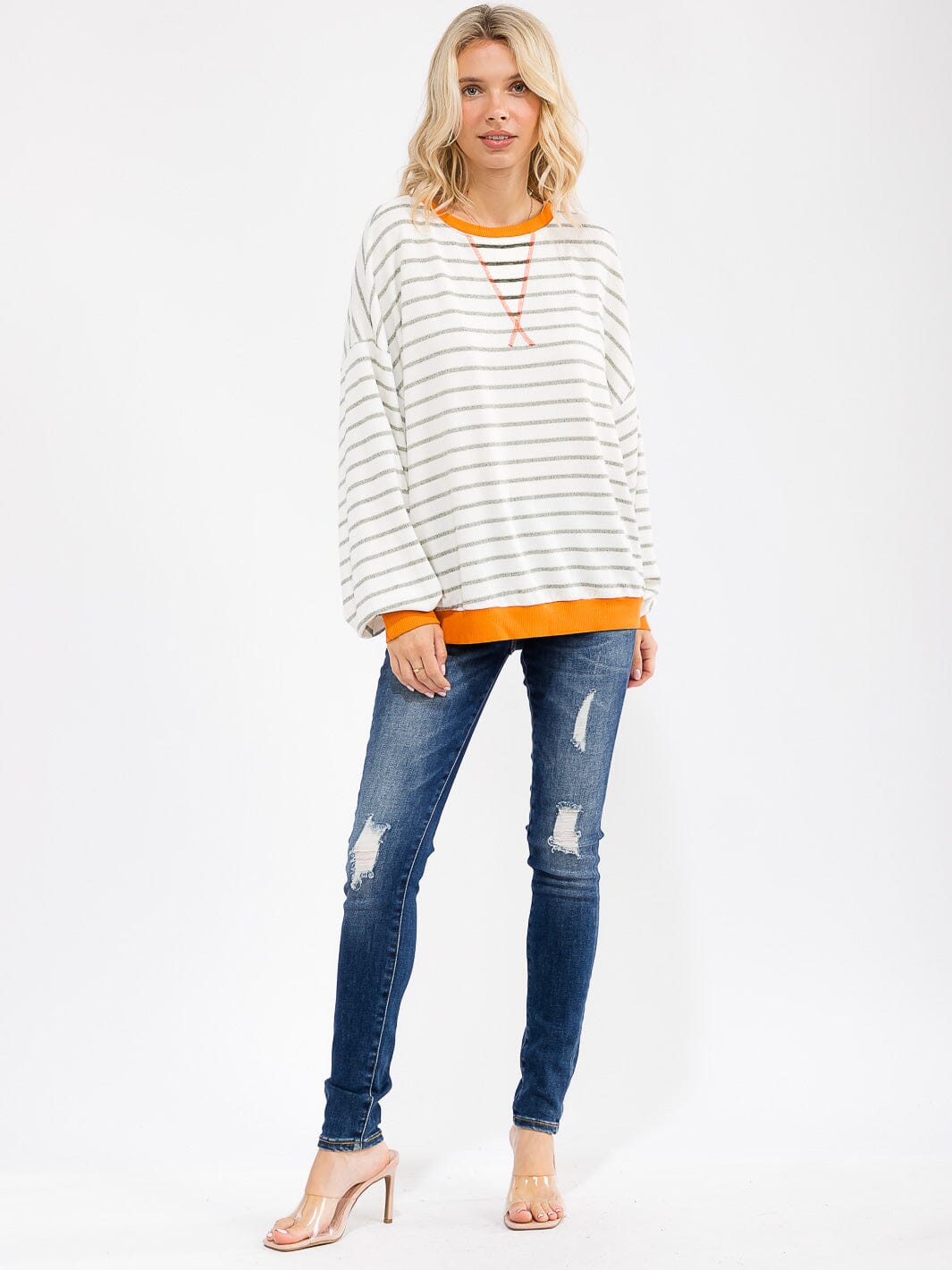 WOMEN'S LONG SLEEVE COLORBLOCK STRIPES OVERSIZED TOP