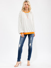 WOMEN'S LONG SLEEVE COLORBLOCK STRIPES OVERSIZED TOP