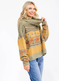 WOMEN'S LONG SLEEVE TURTLE NECK MULTI PRINT PULLOVER SWEATER