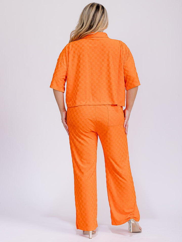 PLUS SIZE SHORT SLEEVE BLOUSE & ELASTIC WAIST WIDE LEG PANTS CHEKERS 2PC. SET