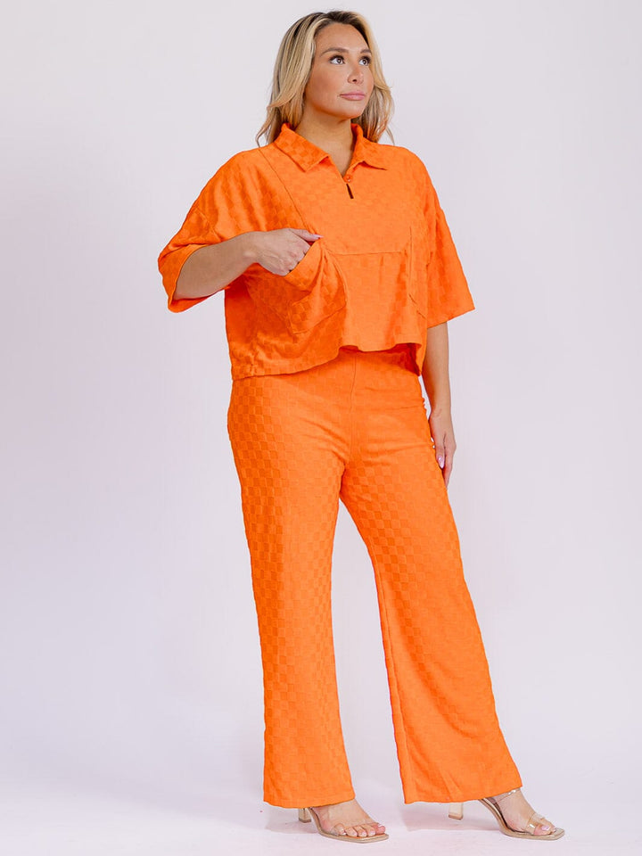 PLUS SIZE SHORT SLEEVE BLOUSE & ELASTIC WAIST WIDE LEG PANTS CHEKERS 2PC. SET