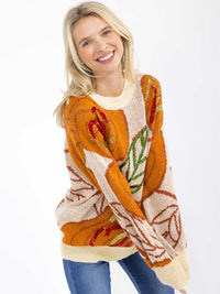 WOMEN'S LONG SLEEVE LEAF PRINT SEQUINS PULLOVER KNIT SWEATER