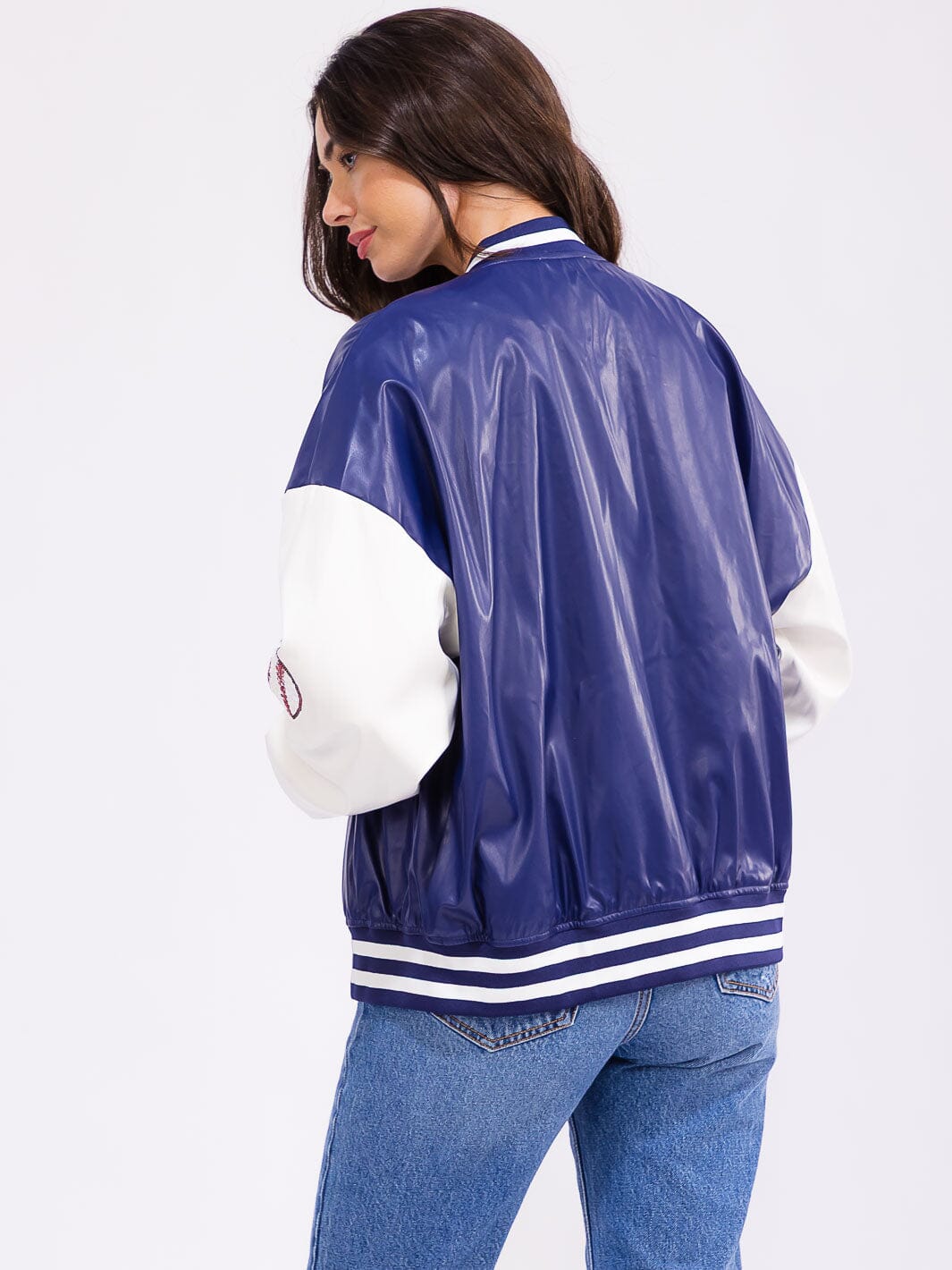 WOMEN'S LONG SLEEVE BUTTON CLOSURE FRONT POCKETS PU PLEATHER VARSITY JACKET