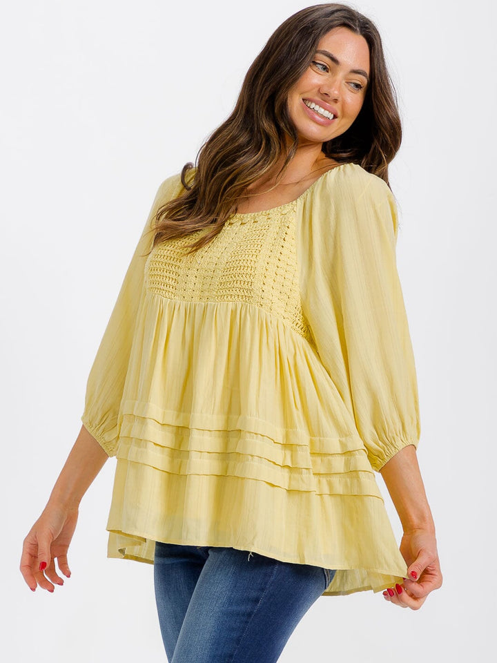 WOMEN'S 3/4 SLEEVE SMOCK CROCHET DETAILED TUNIC BLOUSE