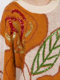 WOMEN'S LONG SLEEVE LEAF PRINT SEQUINS PULLOVER KNIT SWEATER