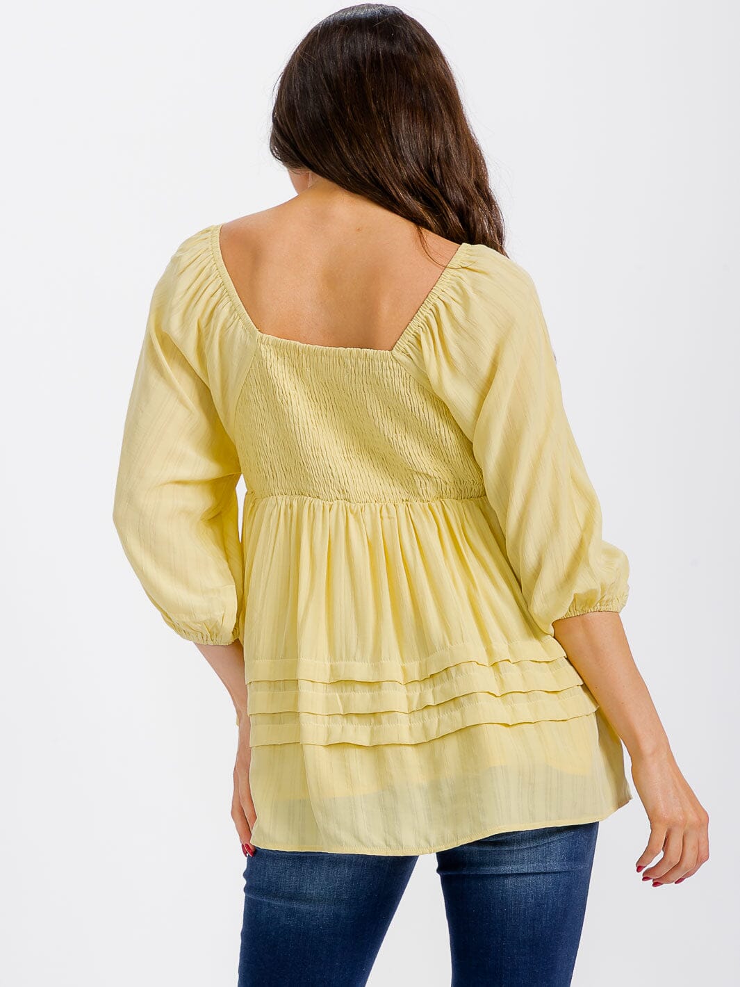 WOMEN'S 3/4 SLEEVE SMOCK CROCHET DETAILED TUNIC BLOUSE