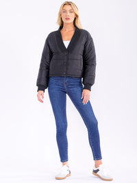 WOMEN'S LONG SLEEVE BUTTON CLOSURE FRONT POCKETS PUFFER JACKET