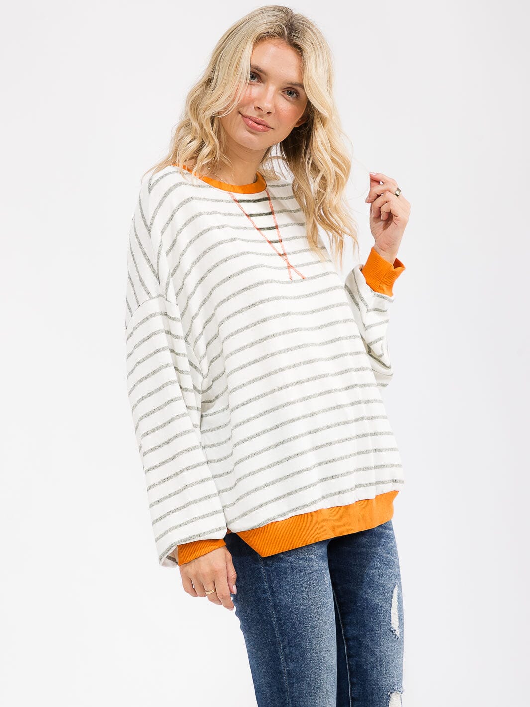 WOMEN'S LONG SLEEVE COLORBLOCK STRIPES OVERSIZED TOP