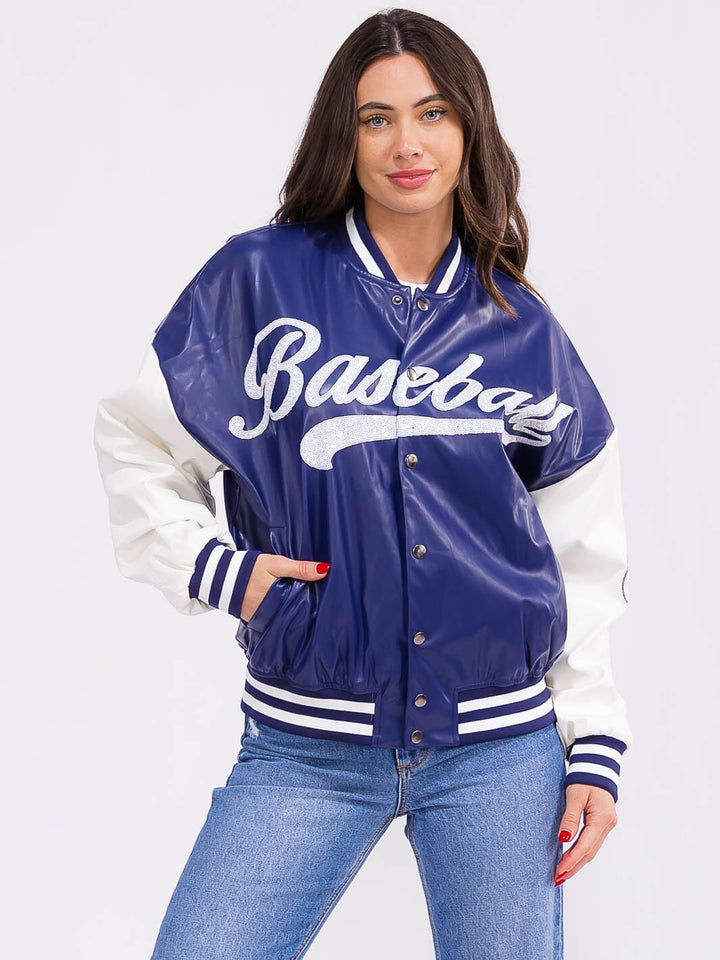 WOMEN'S LONG SLEEVE BUTTON CLOSURE FRONT POCKETS PU PLEATHER VARSITY JACKET