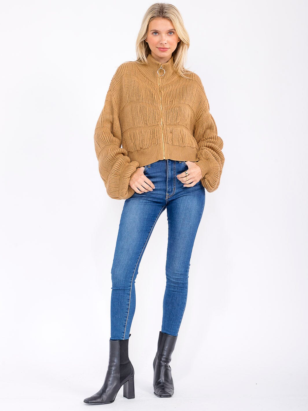 WOMEN'S LONG PUFF SLEEVE ZIPPER CLOSURE KNIT SWEATER