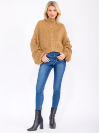 WOMEN'S LONG PUFF SLEEVE ZIPPER CLOSURE KNIT SWEATER