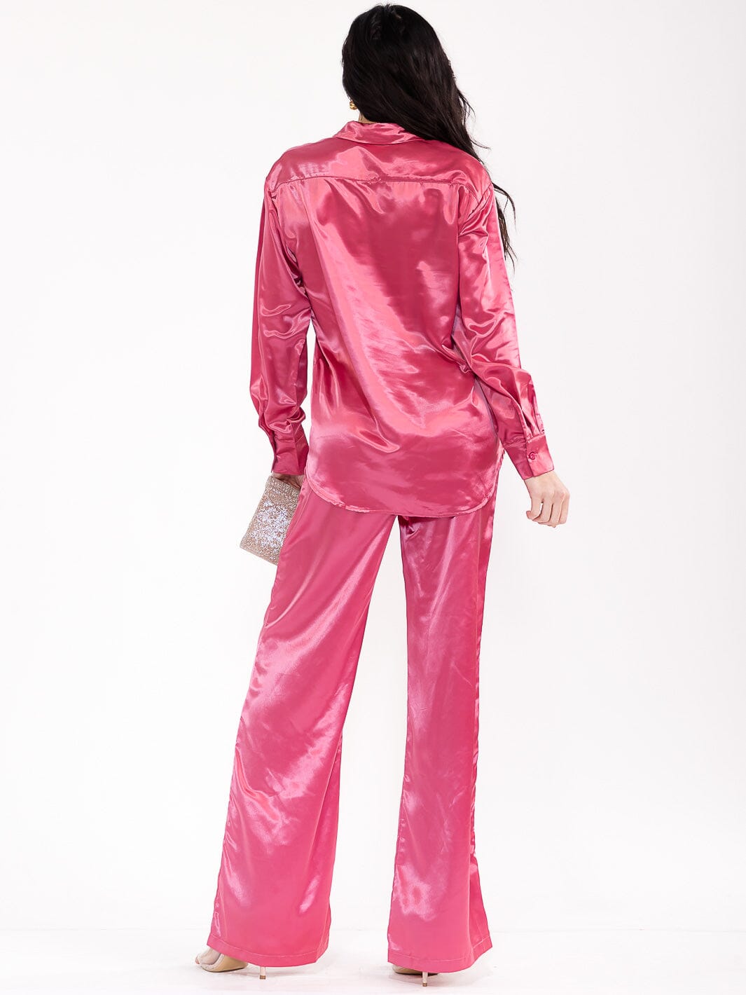 WOMEN'S LONG SLEEVE BLOUSE & ELASTIC WAIST PANTS SATIN 2PC. SET