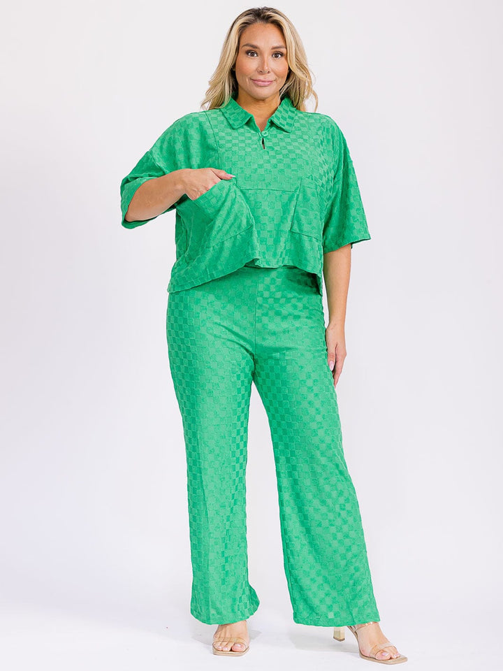 PLUS SIZE SHORT SLEEVE BLOUSE & ELASTIC WAIST WIDE LEG PANTS CHEKERS 2PC. SET