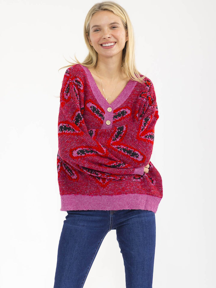 WOMEN'S LONG SLEEVE V-NECK BUTTON UP PULLOVER PRINT KNIT SWEATER