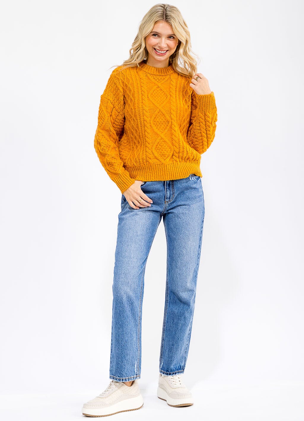 WOMEN'S LONG SLEEVE CABLE KNIT DETAILED PULLOVER SWEATER