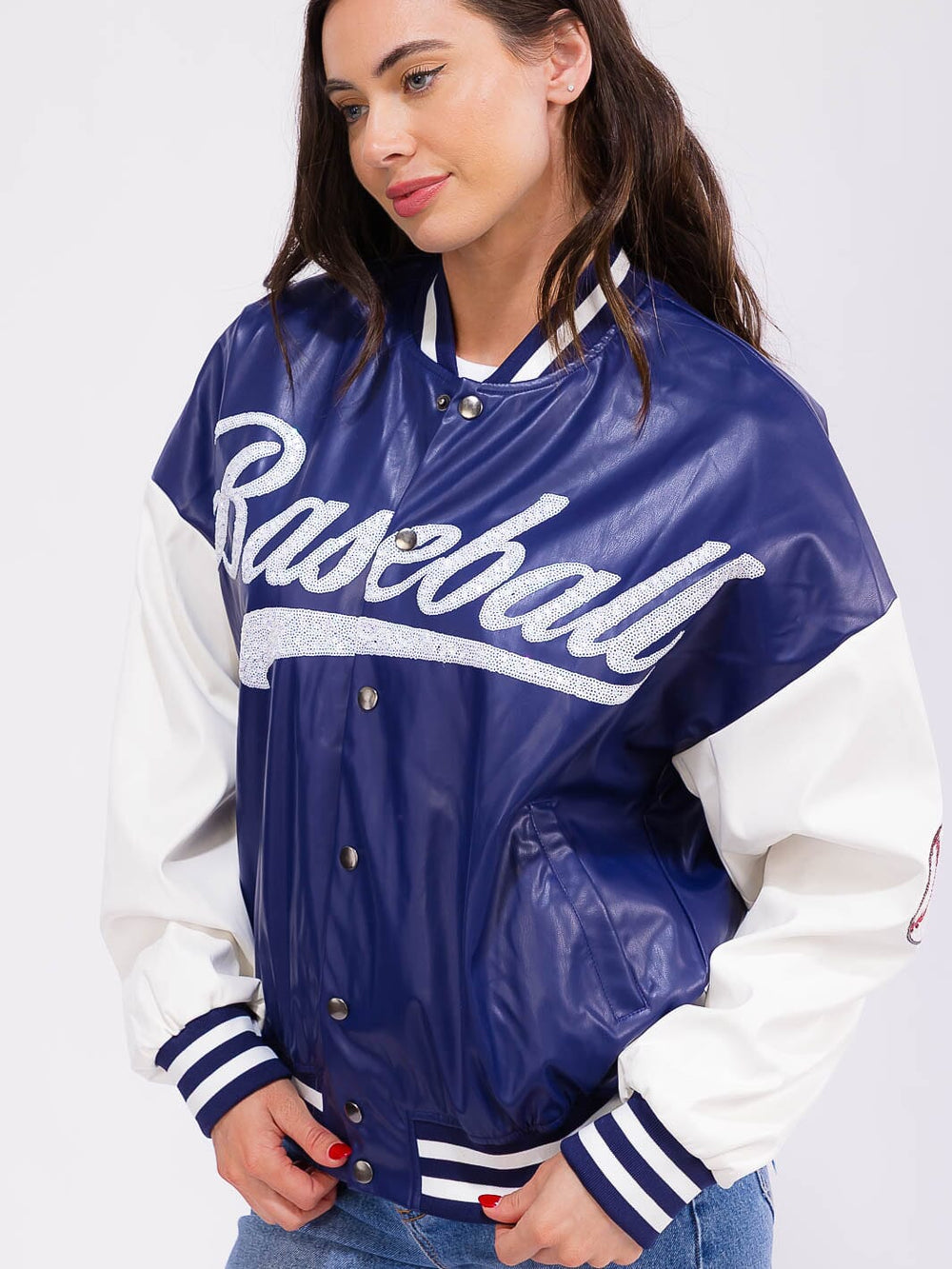 WOMEN'S LONG SLEEVE BUTTON CLOSURE FRONT POCKETS PU PLEATHER VARSITY JACKET