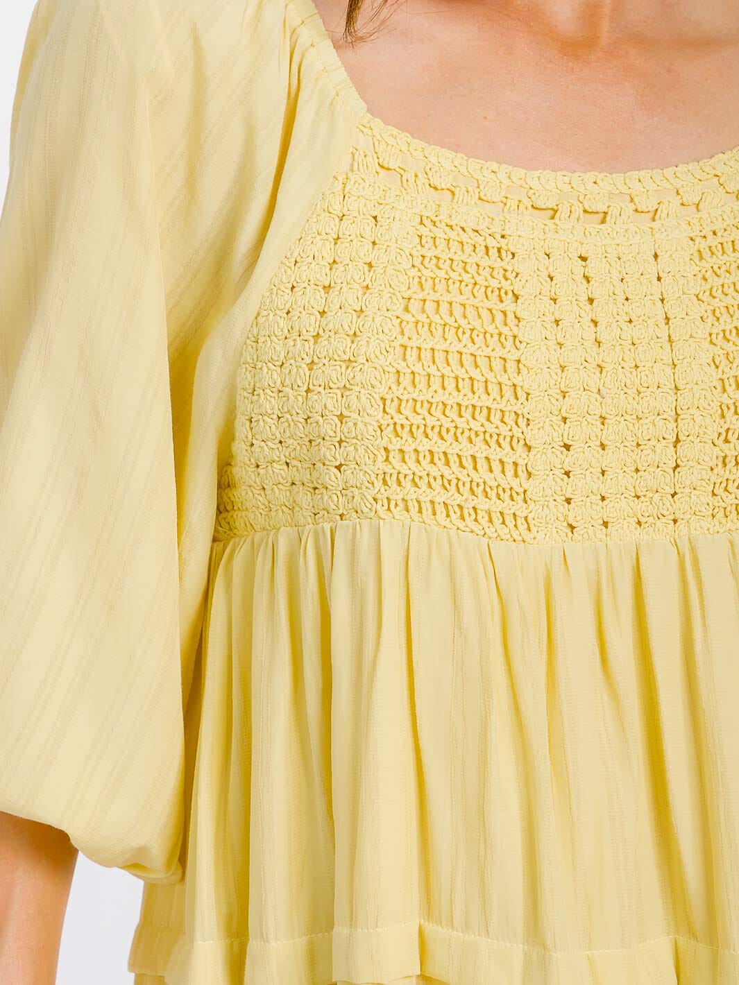 WOMEN'S 3/4 SLEEVE SMOCK CROCHET DETAILED TUNIC BLOUSE