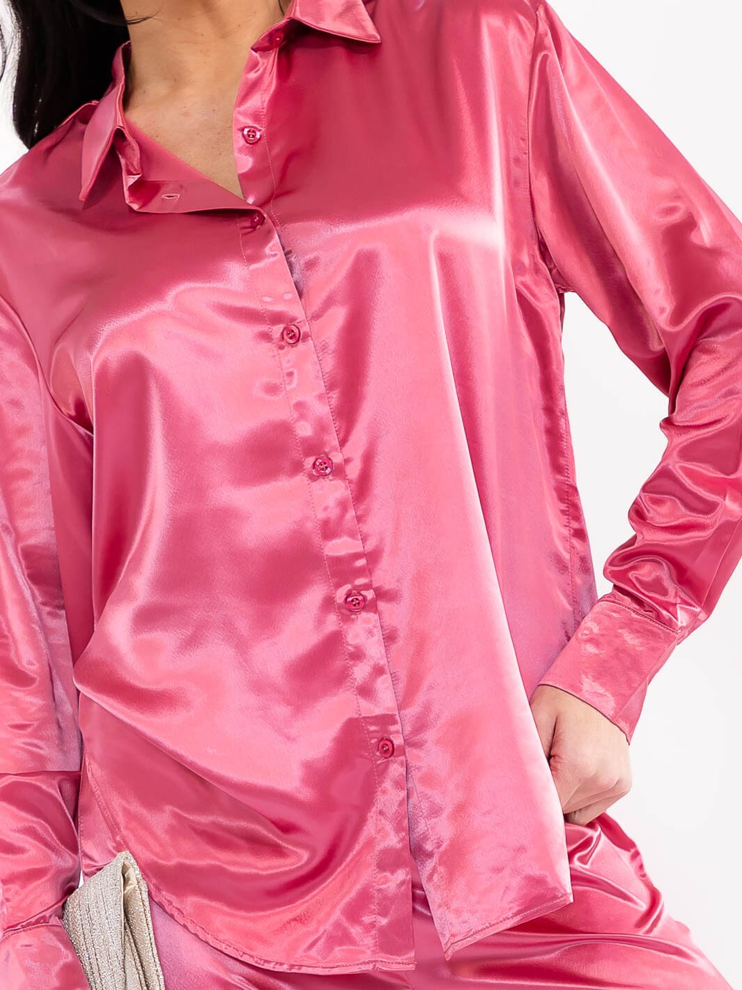 WOMEN'S LONG SLEEVE BLOUSE & ELASTIC WAIST PANTS SATIN 2PC. SET