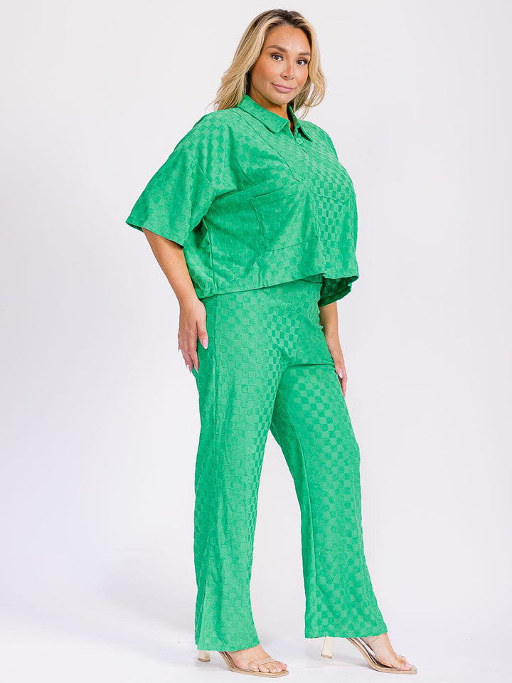 PLUS SIZE SHORT SLEEVE BLOUSE & ELASTIC WAIST WIDE LEG PANTS CHEKERS 2PC. SET