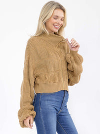 WOMEN'S LONG PUFF SLEEVE ZIPPER CLOSURE KNIT SWEATER