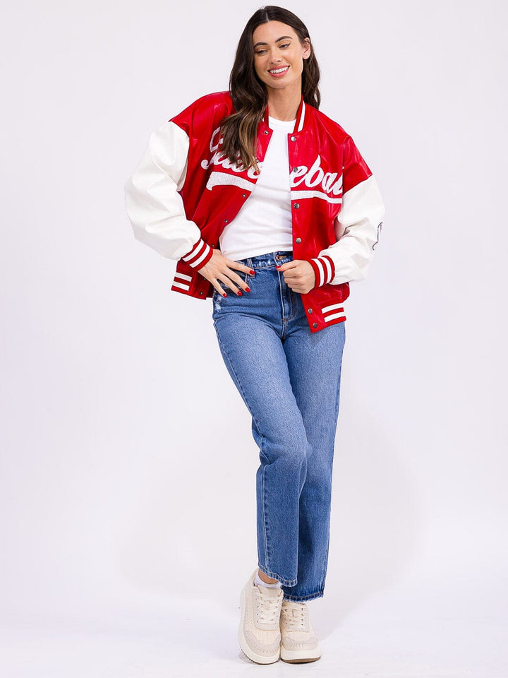 WOMEN'S LONG SLEEVE BUTTON CLOSURE FRONT POCKETS PU PLEATHER VARSITY JACKET