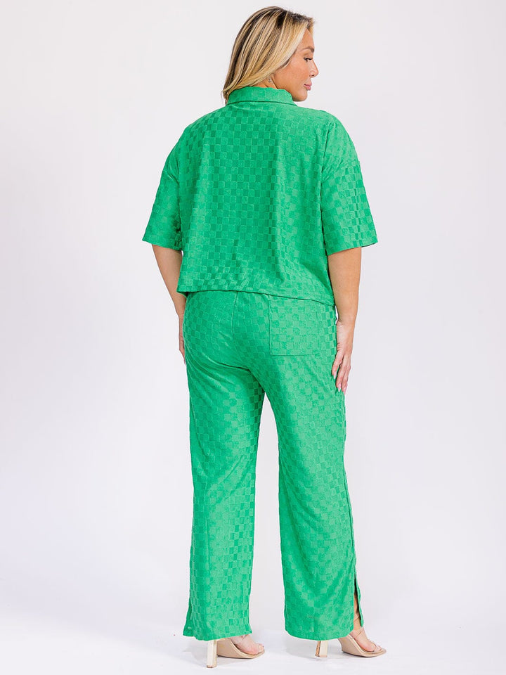 PLUS SIZE SHORT SLEEVE BLOUSE & ELASTIC WAIST WIDE LEG PANTS CHEKERS 2PC. SET