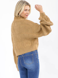 WOMEN'S LONG PUFF SLEEVE ZIPPER CLOSURE KNIT SWEATER