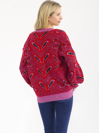WOMEN'S LONG SLEEVE V-NECK BUTTON UP PULLOVER PRINT KNIT SWEATER