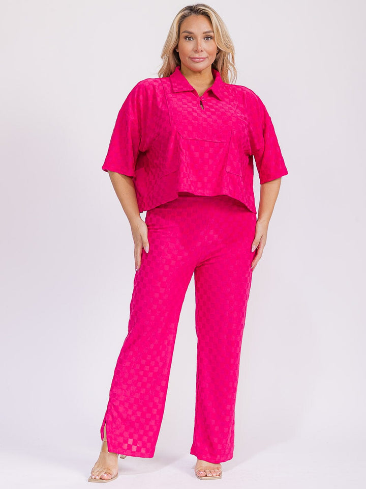 PLUS SIZE SHORT SLEEVE BLOUSE & ELASTIC WAIST WIDE LEG PANTS CHEKERS 2PC. SET