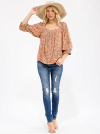WOMEN'S 3/4 SLEEVE SQUARE NECK FLORAL TUNIC BLOUSE