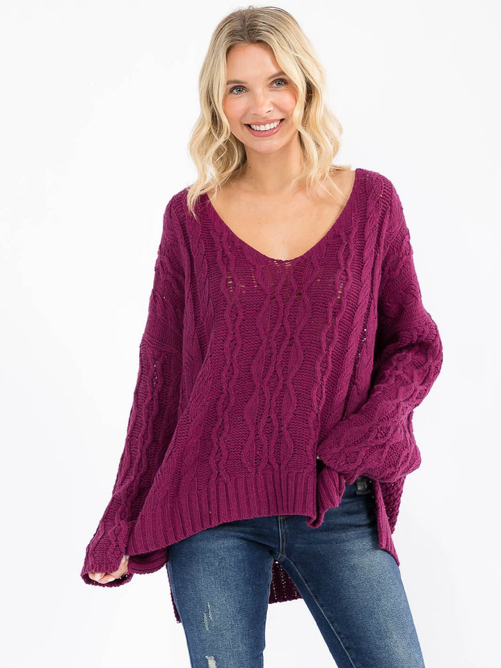 WOMEN'S LONG BELL SLEEVE V-NECK KNIT HIGH-LOW PULLOVER SWEATER