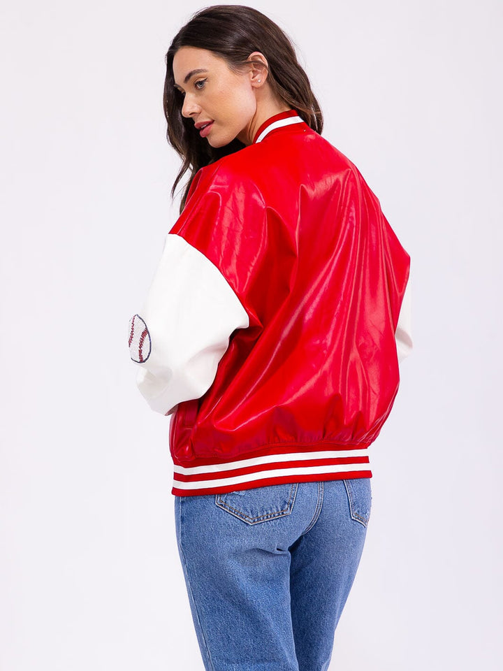 WOMEN'S LONG SLEEVE BUTTON CLOSURE FRONT POCKETS PU PLEATHER VARSITY JACKET