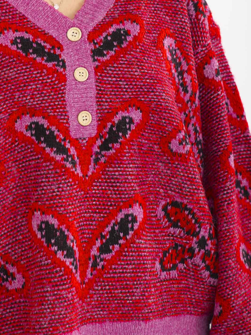 WOMEN'S LONG SLEEVE V-NECK BUTTON UP PULLOVER PRINT KNIT SWEATER