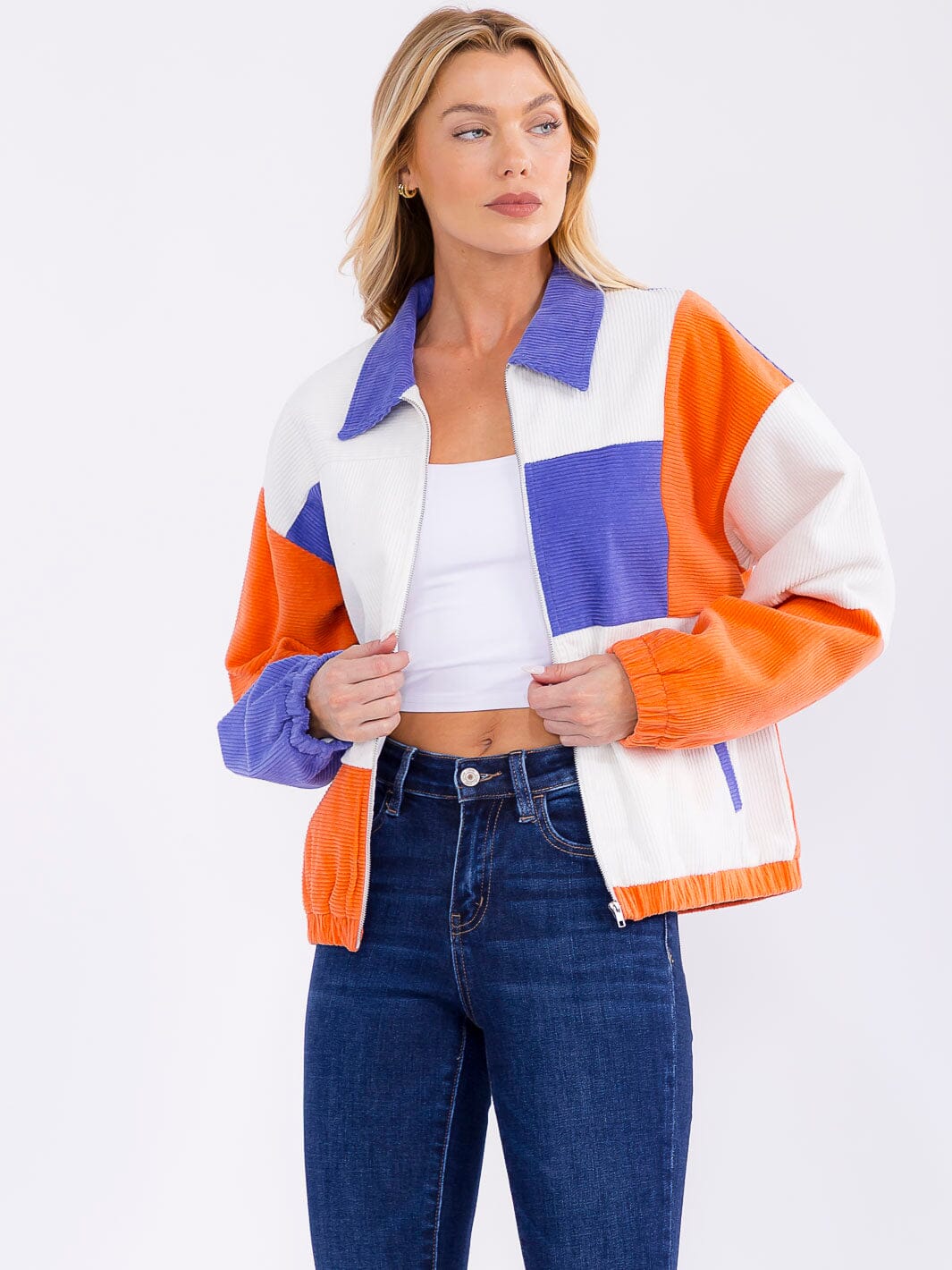 WOMEN'S LONG SLEEVE ZIPPER CLOSURE FRONT POCKETS COLORBLOCK CORDUROY JACKET